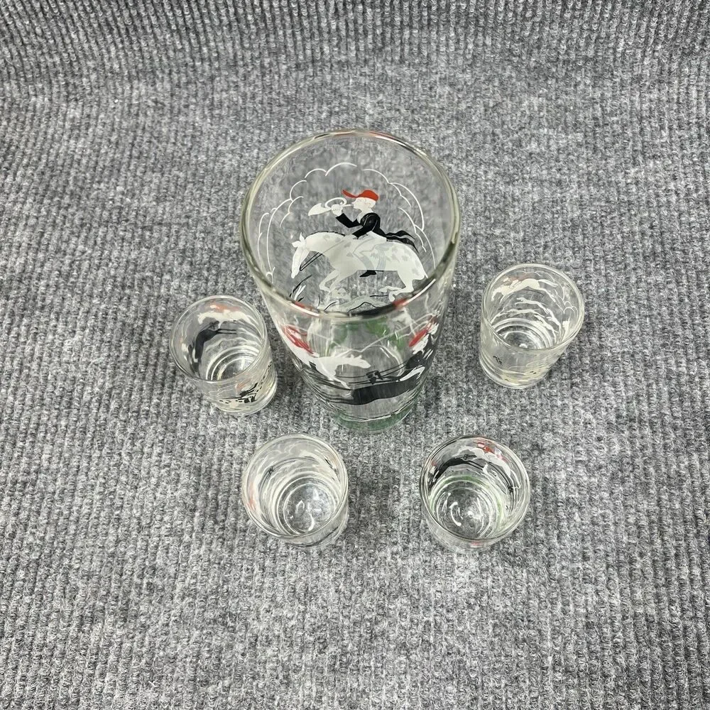 VTG HAZEL‎ ATLAS Glass Fox Hunt Tally Ho Cocktail Martini Shaker & Shot Glasses